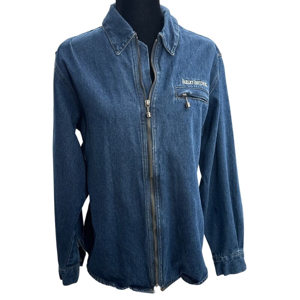 Harley Davidson Women's  Denim Metal Piston Zip Shirt Large